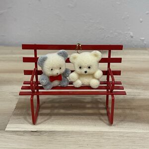 2 Vintage Flocked Teddy Bear Christmas Ornament Wagon and 3” Red Park Bench